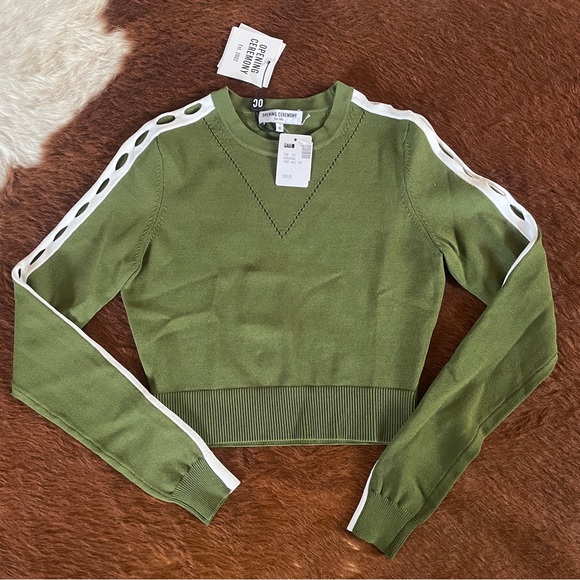 OPENING CEREMONY LONG SLEEVE CROPPED SWEATER WITH CUTOUT SLEEVE OLIVE GREEN XS - Picture 2 of 6